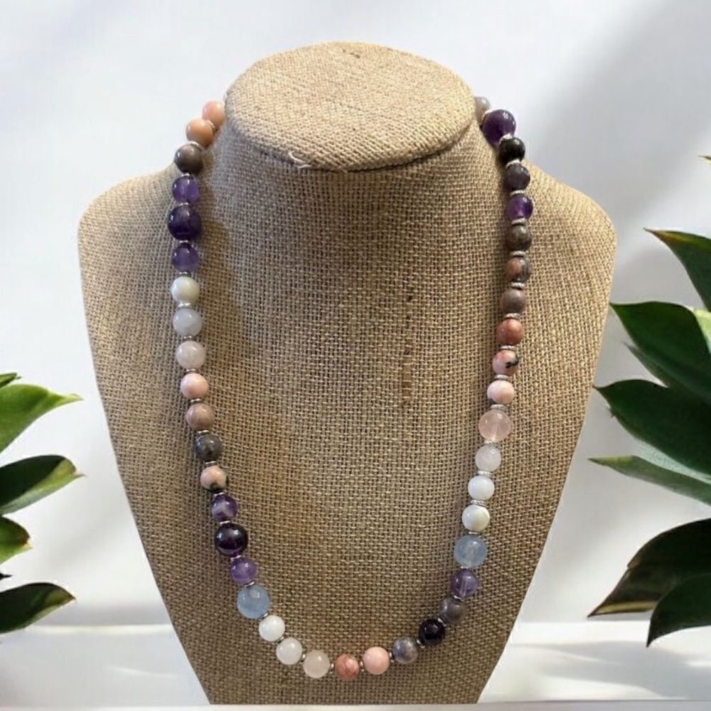 Purple & Earthy Genuine Gemstone Handmade Necklace Amethyst Opal Rhodonite